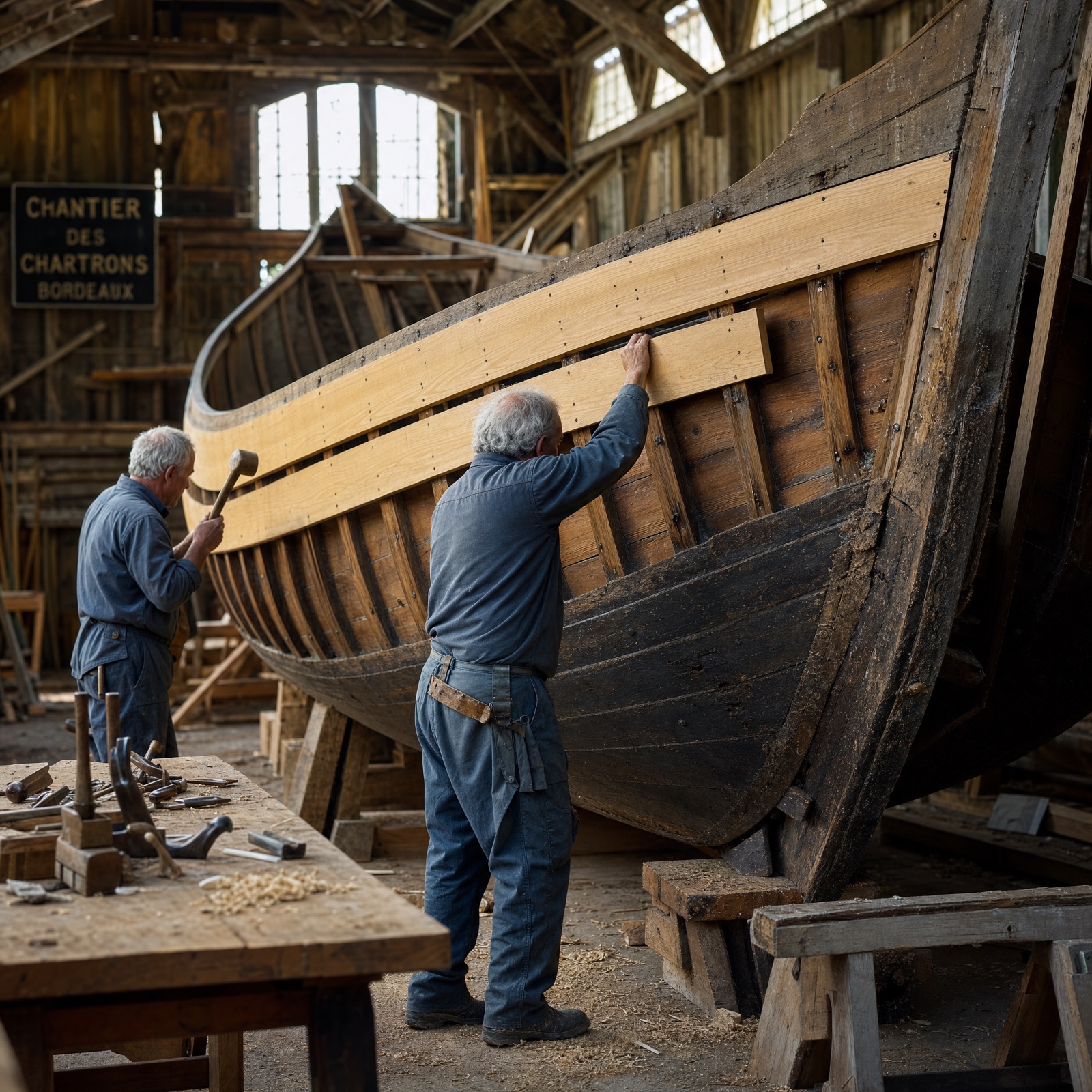 Restauration d'une gabare saintongeaise dans le hangar de Bordeaux-Bacalan