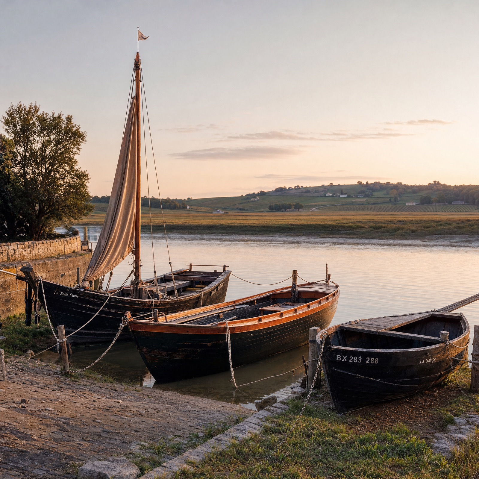 Trois embarcations traditionnelles girondines amarrées au coucher du soleil