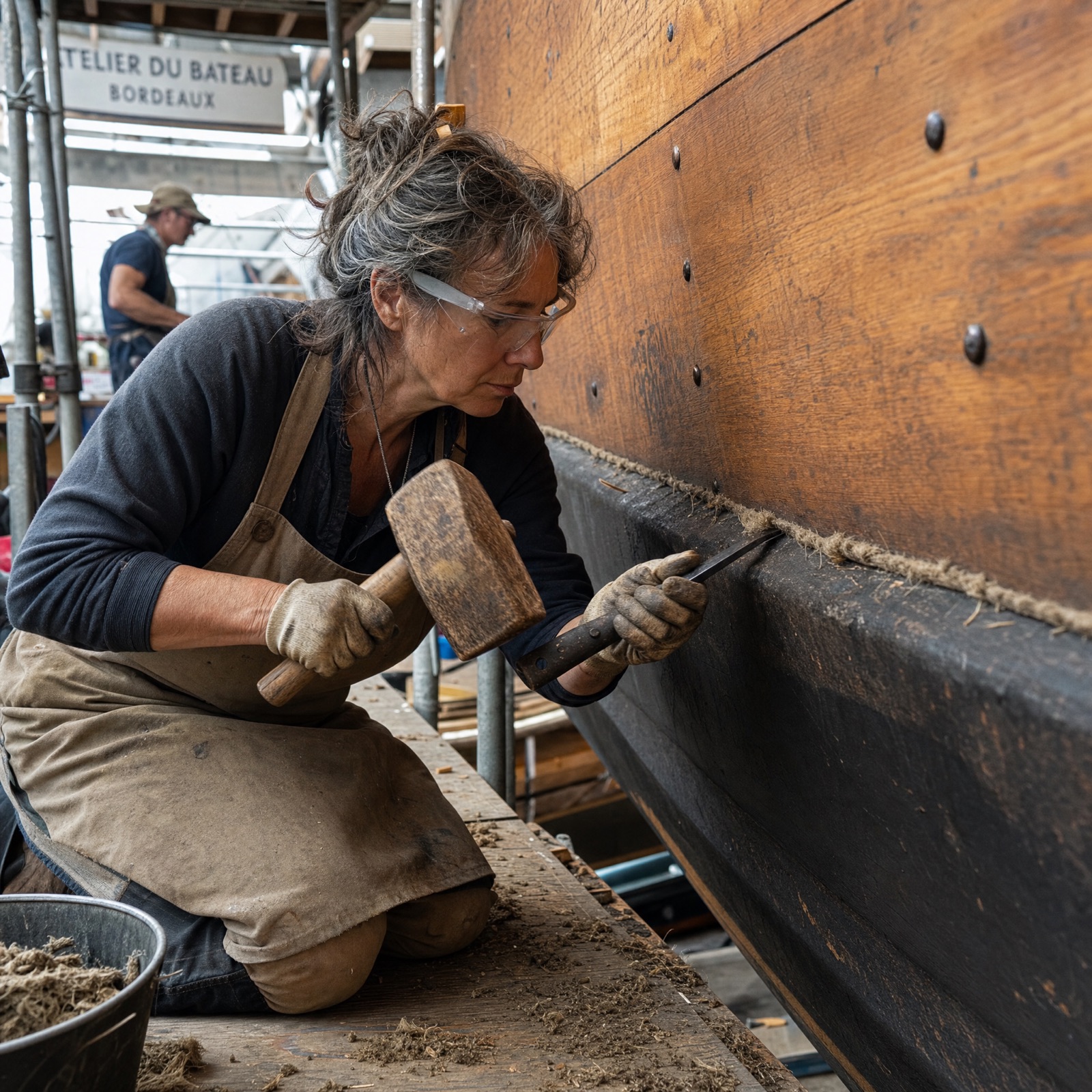 Sylvie Marchetti au calfatage dans l'atelier de Pauillac
