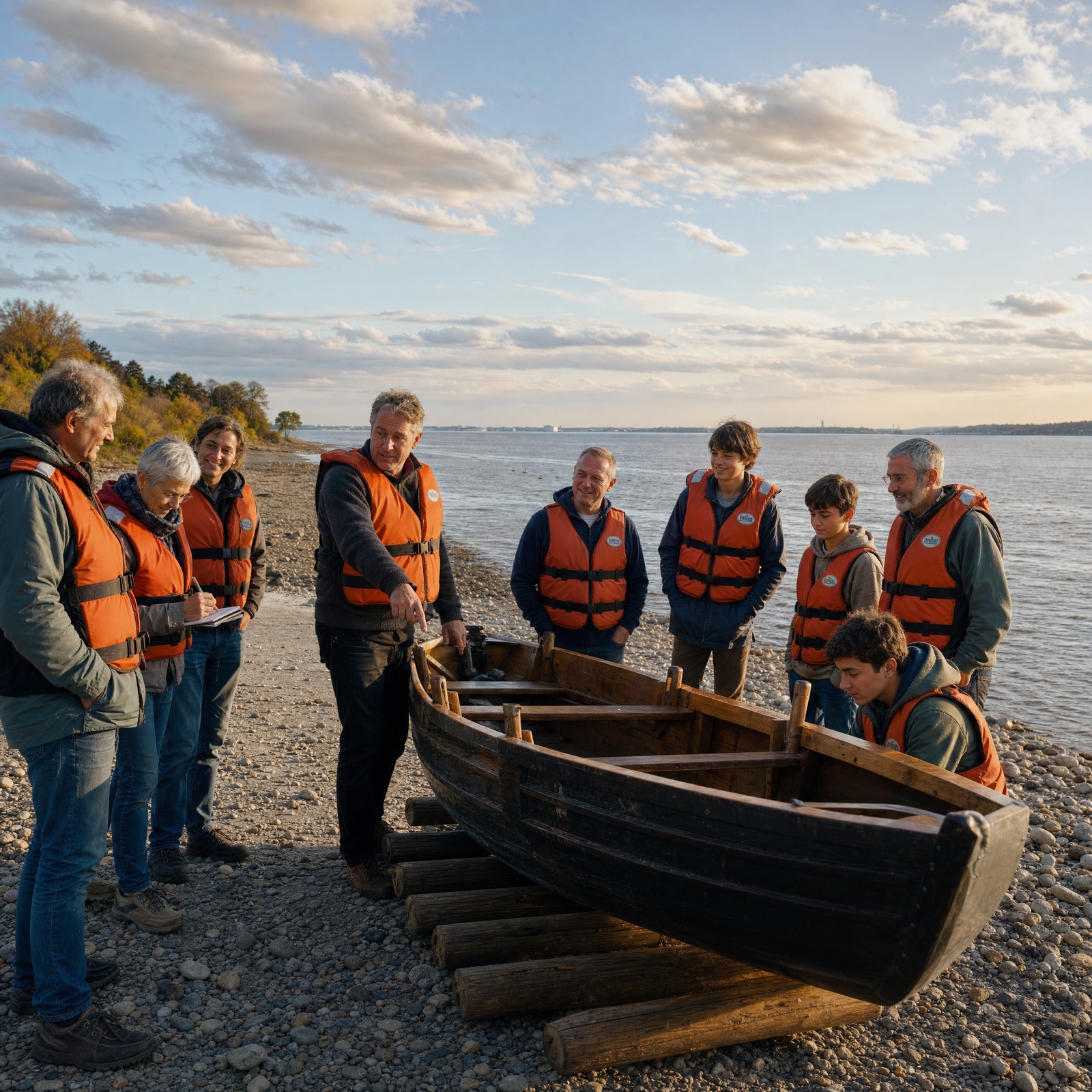 Un groupe de bénévoles de tous âges apprenant autour d'une embarcation traditionnelle sur les rives de la Gironde