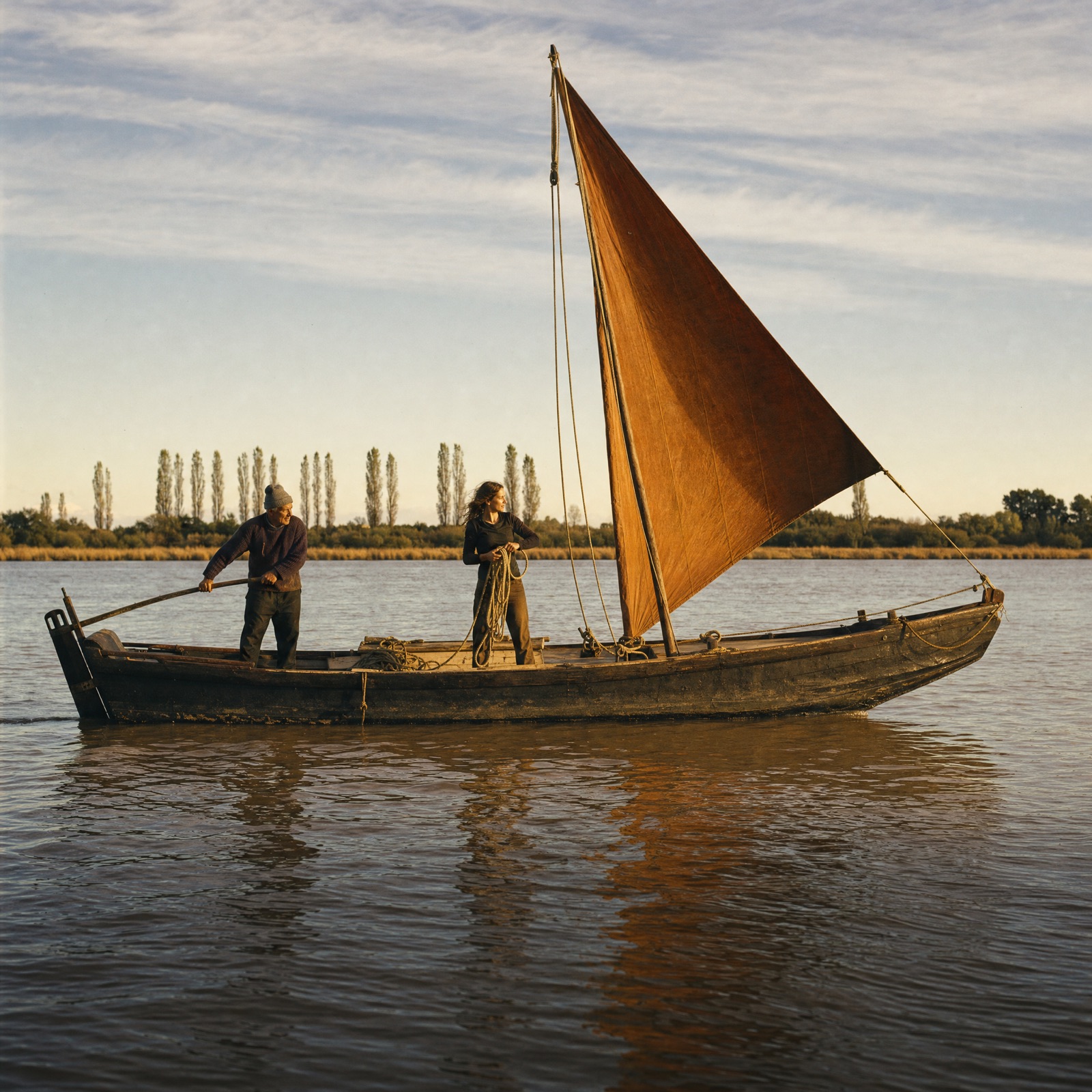 Une gabare naviguant sur la Gironde au lever du soleil, son reflet sur les eaux brunes de l'estuaire